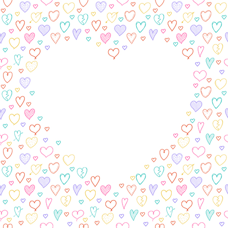 Template of a poster with hand drawn hearts and copyspace. Vector.のイラスト素材