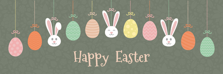 Concept of a panoramic header for Easter. Hanging bunnies and eggs. Vector.のイラスト素材