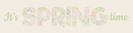 Vibrant spring banner with floral text.のイラスト素材