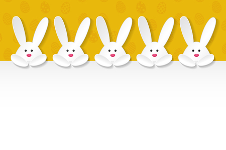 Easter background with white bunnies holding a card with copyspace. Vector.のイラスト素材