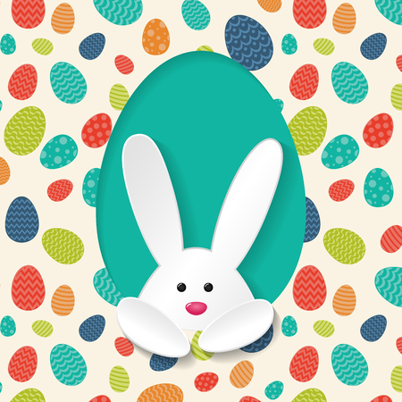 Poster with white bunny and colorful eggs - Easter design. Vector illustration.のイラスト素材