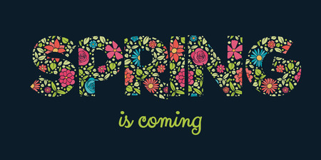 Spring - colourful text with floral texture. Vector.のイラスト素材