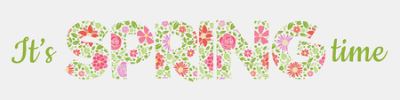 Spring is coming - vintage banner with hand drawn flowers. Vector illustration.のイラスト素材