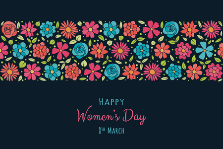 Women's Day - poster with hand drawn flowers in retro style. Vector.のイラスト素材
