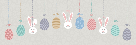 Pastel colored Easter banner with hanging bunnies and decorative eggs. Vector illustration.のイラスト素材