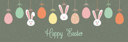 Hand drawn Easter decoration with bunnies, eggs and greetings. Vector illustration.のイラスト素材