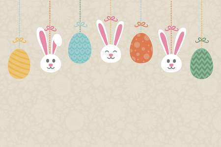 Cute hanging bunnies and eggs - concept of Easter background with copyspace. Vector.のイラスト素材