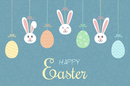 Cute hand drawn bunnies and eggs with wishes. Concept of a banner for Easter.のイラスト素材