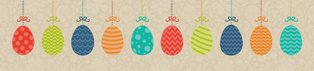 Pastel colored banner with hanging Easter eggs on background with flowers. Vector illustration.のイラスト素材