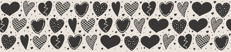 Banner with hand drawn hearts - cute panoramic header. Vector.のイラスト素材