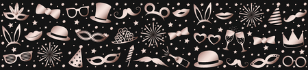 Panoramic header with pink gold colored party icons. Vector illustration.のイラスト素材