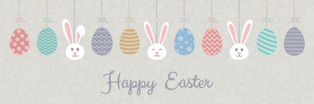 Easter banner with cute bunnies, eggs and wishes vector.のイラスト素材