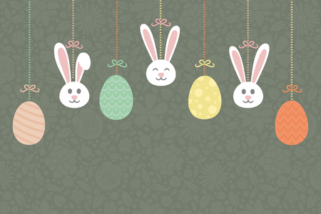 Hanging Easter bunnies and eggs on floral background with copyspace. Vector illustration.のイラスト素材