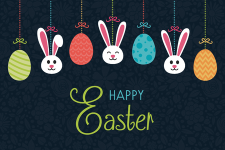 Cute hand drawn bunnies and eggs with wishes. Concept of a banner for Easter.のイラスト素材