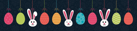 Panoramic header with hand drawn bunnies and eggs - Easter. Vector illustration.のイラスト素材