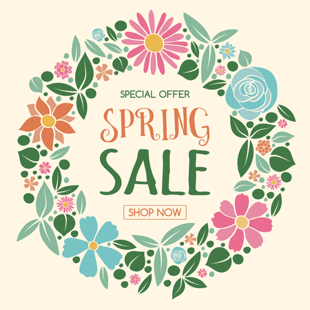 Spring Sale - colorful poster with flowers. Vector illustration.のイラスト素材