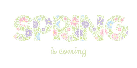 Pastel coloured banner with cute hand drawn flowers - spring concept. Vector.のイラスト素材