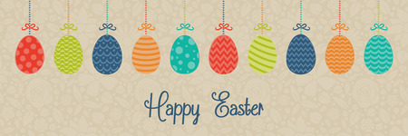 Banner with colorful Easter eggs on floral background with wishes.のイラスト素材
