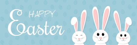 Happy Easter - panoramic header with bunnies on background with eggs. Vector.のイラスト素材