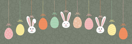 Panoramic header with hand drawn bunnies and eggs - Easter. Vector.のイラスト素材