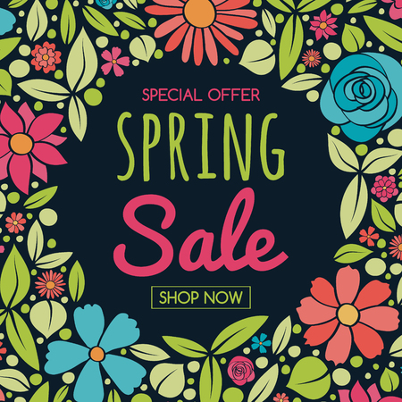 Design of a poster with hand drawn flowers - Spring Sale. Vector.のイラスト素材