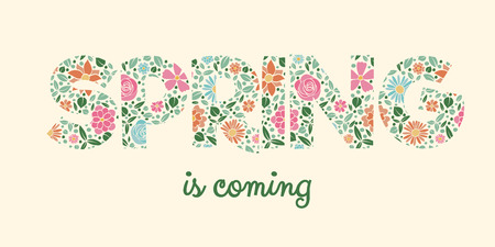 Spring is coming, vintage banner with hand drawn flowers vector.のイラスト素材
