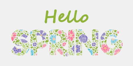 Hello spring, banner with text made of a hand drawn flowers vector.のイラスト素材