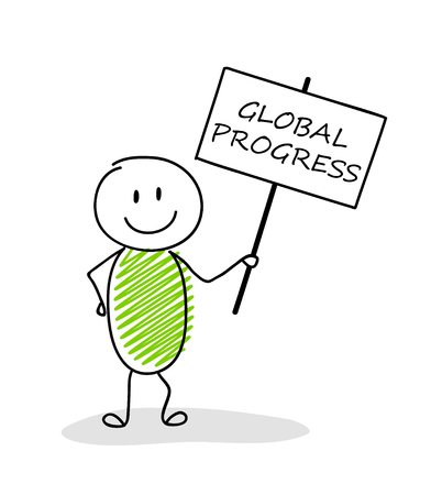 Element for presentation. Stick men holding a banner with text: Global progress. Vector illustration.のイラスト素材