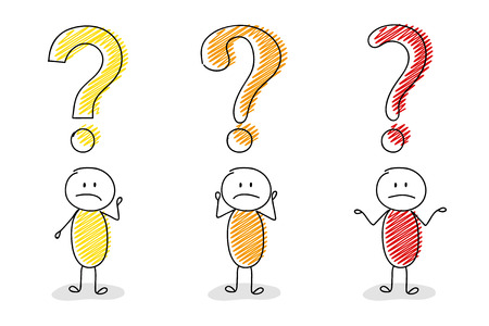 Confused stick man - business image concept with question mark icon. Vector illustration.のイラスト素材