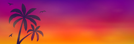 Summer banner with palms, colourful sky and copyspace. Vector.