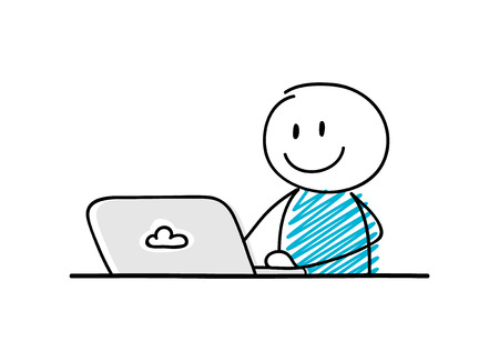 Funny stickman with smiley facial expression working on laptop. Vector.のイラスト素材