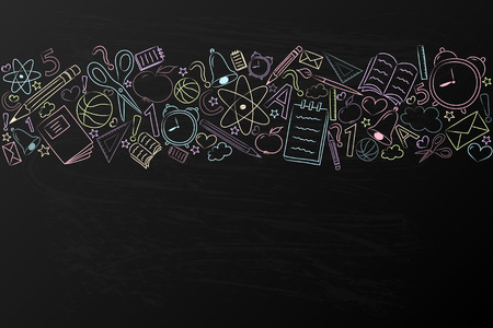 School background with hand drawn accessories on blackboard vector.のイラスト素材