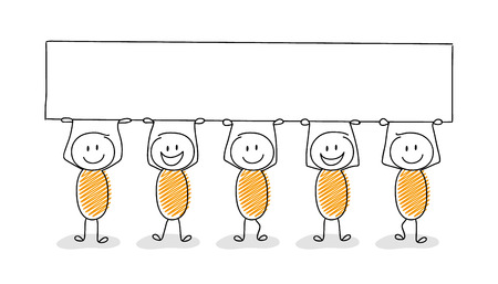 Funny cartoon stickman holding empty board for a text. Vector.のイラスト素材