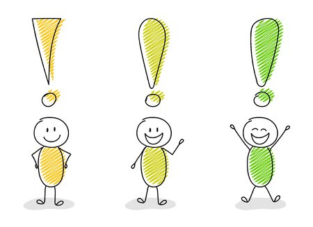 Collection of stickmen with different facial expressions and exclamtion points. Vector.のイラスト素材