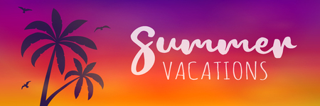 Tropical palm trees on colourful background with text - summer banner. Vector.のイラスト素材