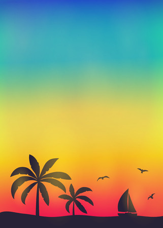 Summer sunset - multicoloured background with palms. Vector.のイラスト素材