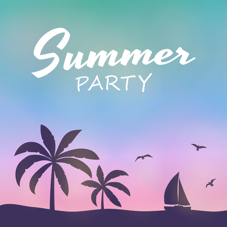 Summer calligraphy. Colourful poster with palm trees and text. Vector.のイラスト素材