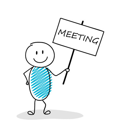 Funny business illustration cartoon stick man holding a banner with slogan with text meeting vector.のイラスト素材