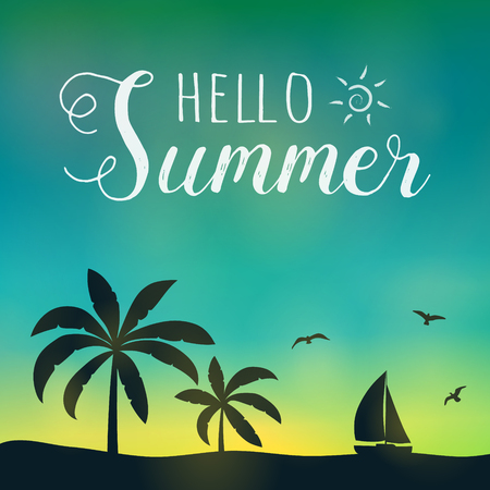Summer paradise with palm trees - colourful banner with typography. Vector.のイラスト素材