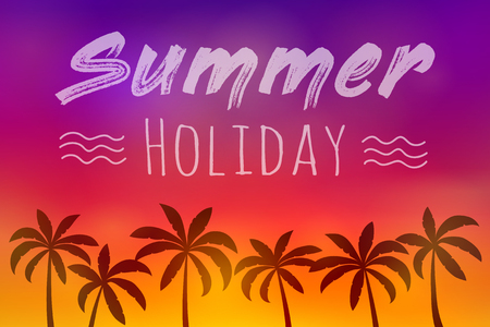 Summer paradise with palm trees - colourful banner with typography. Vector.のイラスト素材