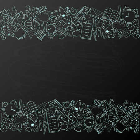 Funny school accessories on backboard - frame with copyspace. Vector.のイラスト素材