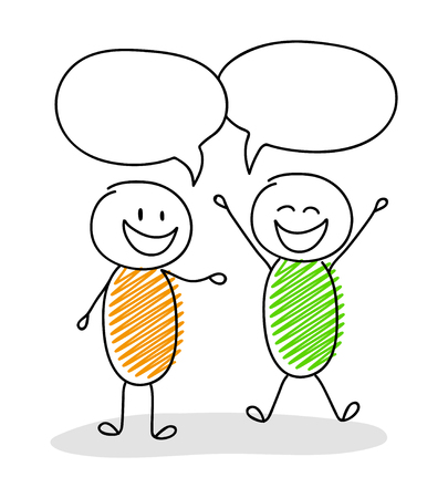 Talking stickmen with speech bubbles - happy and excited facial expression. Vector.のイラスト素材