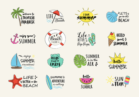 Summer vacations - colorful stickers with hand drawn icons.のイラスト素材