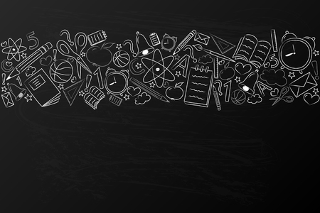 Background with school accessories on blackboard and copyspace - template of a poster. Vector.のイラスト素材