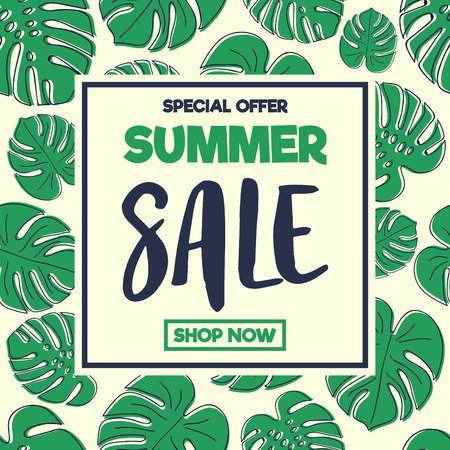 Summer sale flyer with hand drawn icons of exotic leaves vector.のイラスト素材