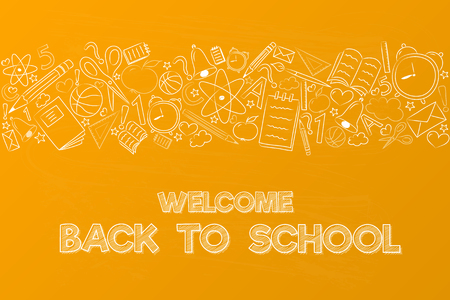 Welcome back to school - poster with funny hand drawn elements. Vector.のイラスト素材