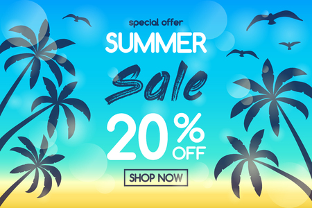 Multicolored banner with tropical palms for Summer Sale.のイラスト素材
