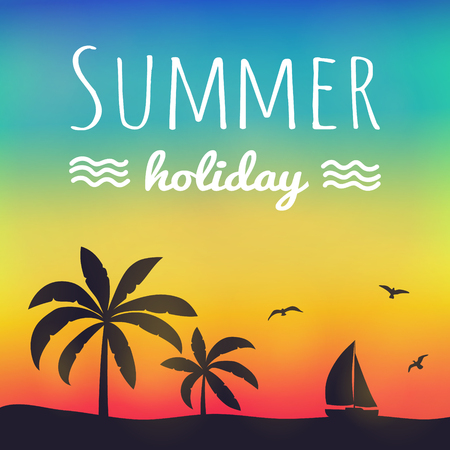 Summertime - silhouette of palm trees on colourful background. Poster with text.のイラスト素材