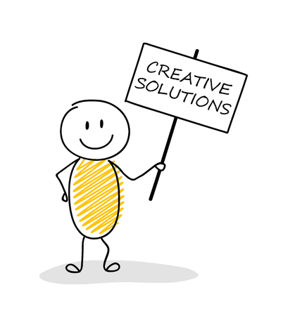 Business illustration concept with cartoon stickman holding board with text: creative solutions. Vector.のイラスト素材