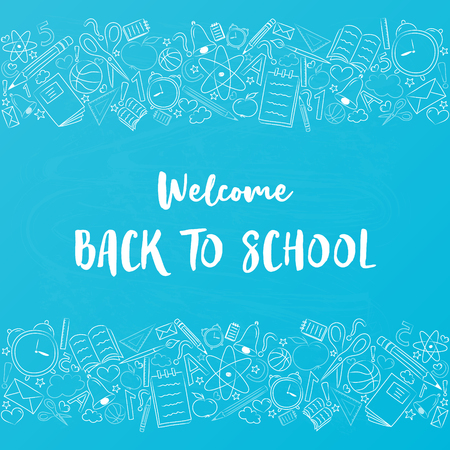 School poster with typography and funny doodles. Vector.のイラスト素材